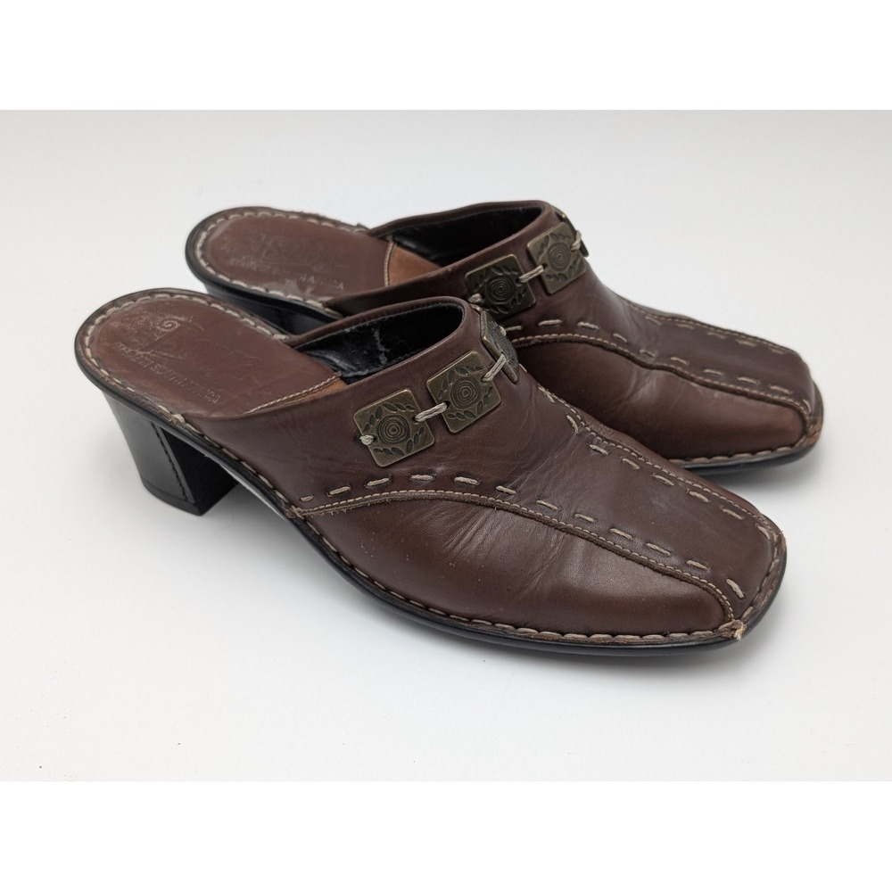 Tsonga Mules Women 6 Brown Leather Block Heel Square Toe Whipstitch Boho Rustic